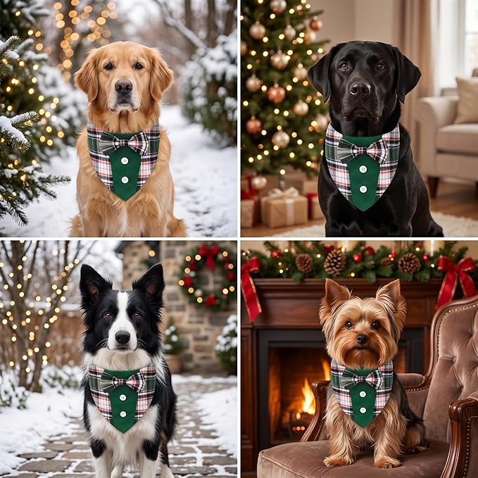 ADOGGYGO Christmas Green Dog Tuxedo Bandana, Plaid Pet Bowtie Collar, - Image 2