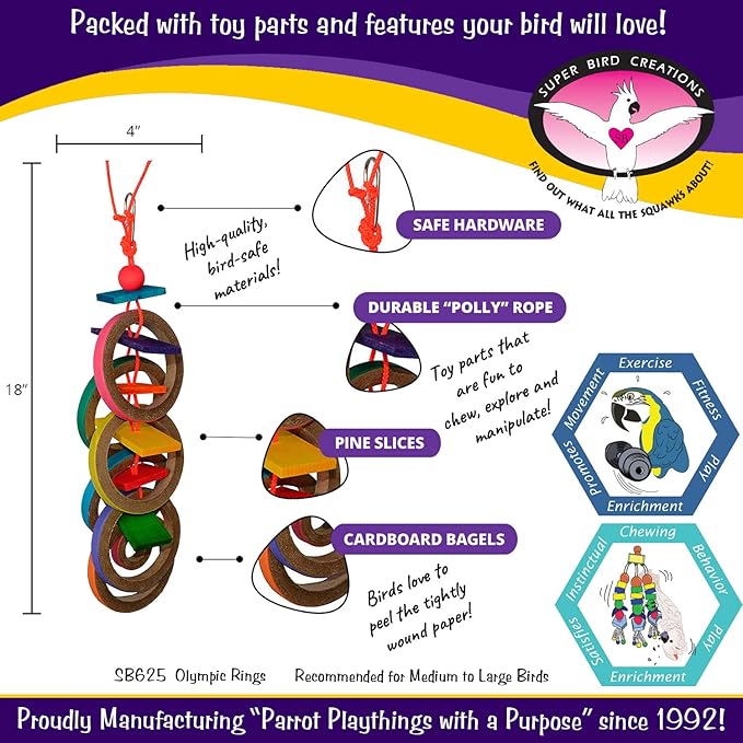 Super Bird Creations SB625 Olympic Rings Bird Toy, Large Bird Size, 15” x 4” x - Image 2