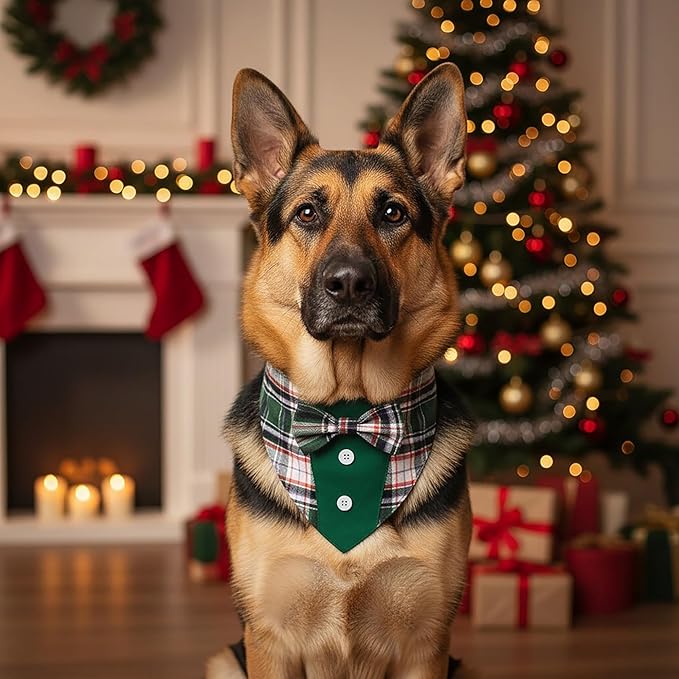 ADOGGYGO Christmas Green Dog Tuxedo Bandana, Plaid Pet Bowtie Collar, - Image 3