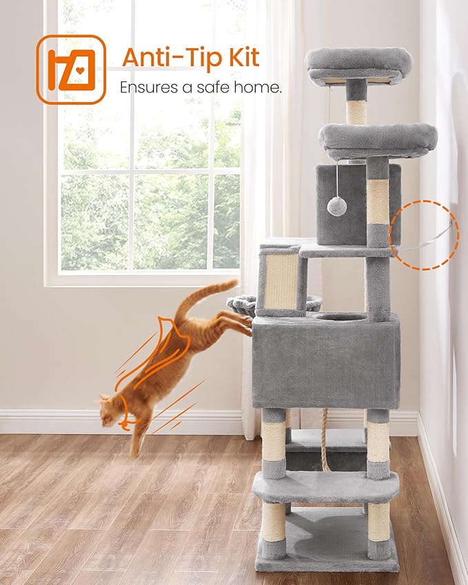 Feandrea Cat Tree, 66.1-Inch Large Cat Tower, 2 Perches, 2 Caves, Light Gray - Image 9