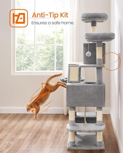 Feandrea Cat Tree, 66.1-Inch Large Cat Tower, 2 Perches, 2 Caves, Light Gray - Image 9