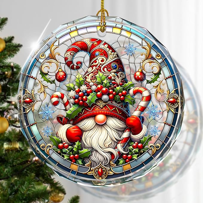 Gnome Stained Glass Ornament, Gnome Christmas Tree Decor, Holiday Presents and by Kooirsp