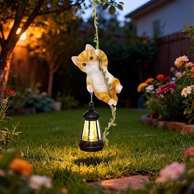 Solar Hanging Cat Statue, Outdoor Resin Orange Cat Figurine - Image 9