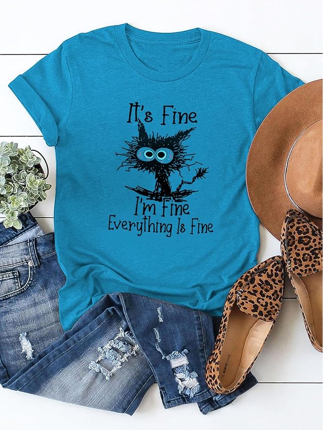Funny Cat T Shirts for Women Everything is Fine Graphic Tees Casual Short - Image 4