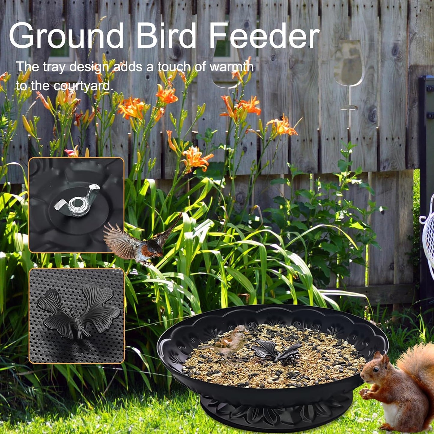 Ground Platform Bird Feeder Tray,11” Metal Large Standing Bird Feeder Mesh Seed Tray，for Outdoor Garden (Black-2 Pack)