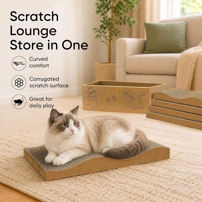 5 Packs Cat Scratcher Set with Storage Box, 2 Wave Lounge Pads + 3 Flat - Image 7