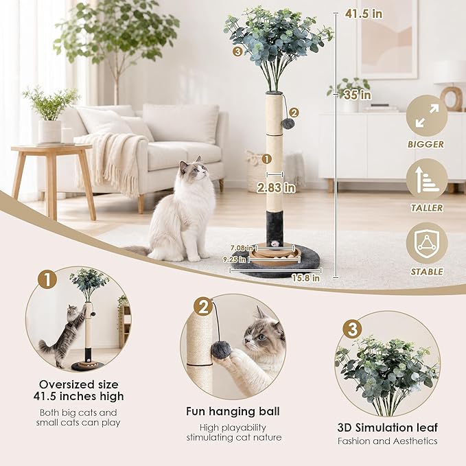 35 Inch Cat Scratching Post, Eucalyptus Sisal Rope Cat Tree Tower - Image 5