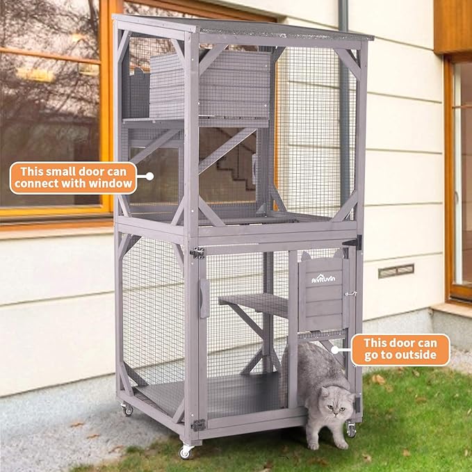 Aivituvin Cat Catio Kitty House Outdoor and Indoor Run Large Wooden Cat - Image 2
