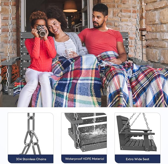 KINGYES Outdoor Hanging Porch Swing Set of 2, 2 Seat Patio Swing Recliner - Image 4