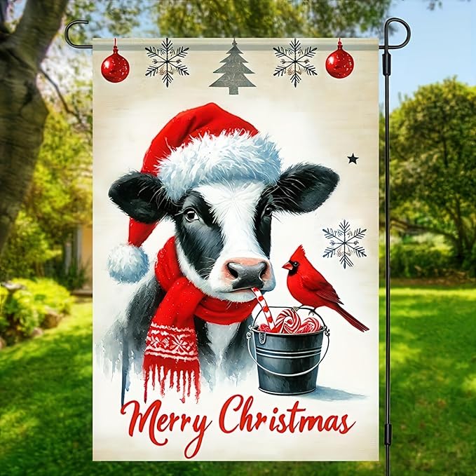 Merry Christmas Garden Flag 12x18 Double Sided Cow Winter Garden Flag - Image 2