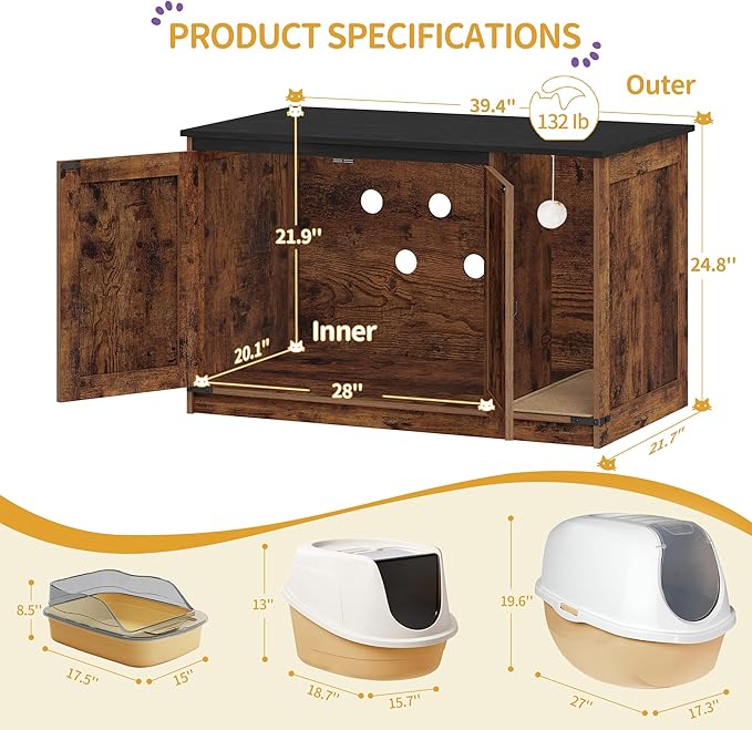 Hzuaneri Cat Litter Box Enclosure, Hidden Litter Box Cabinet Furniture - Image 4