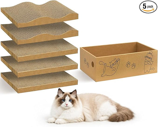 5 Packs Cat Scratcher Set with Storage Box, 2 Wave Lounge Pads + 3 Flat by AGYM