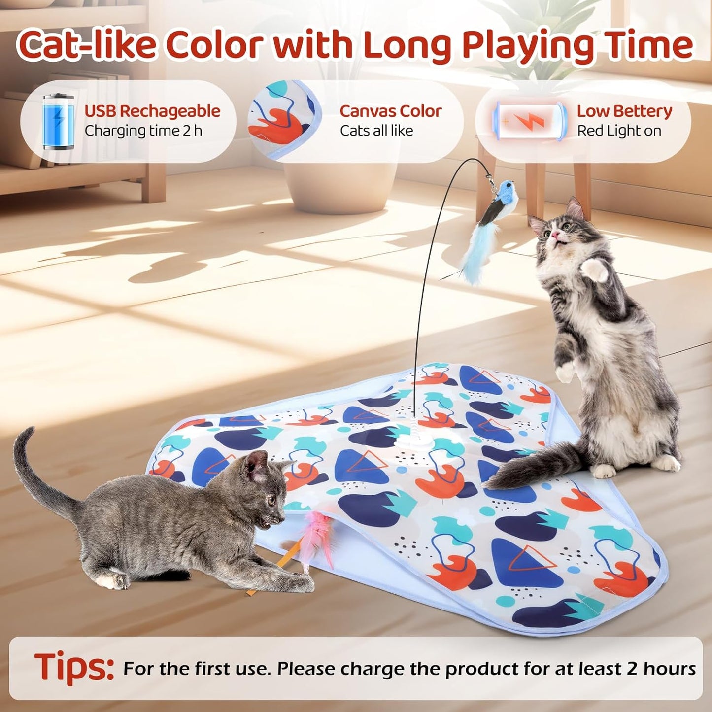 Interactive Cat Toys, Rechargeable Hide and Seek Cat Toys, Durable Stable Base Touch Activated Kitten Toy with Bird Cat Wand, Waving Concealed Feather Exercise Toy for Indoor Bored Cats/Kitten