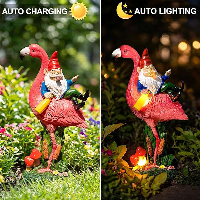 C&Y&G&X Middle Finger Gnome Riding Flamingo 13in, Funny Garden Statue Solar - Image 2