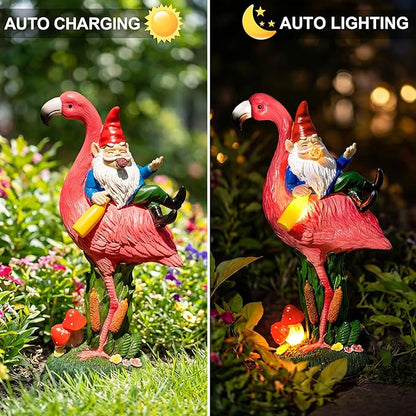 C&Y&G&X Middle Finger Gnome Riding Flamingo 13in, Funny Garden Statue Solar - Image 2