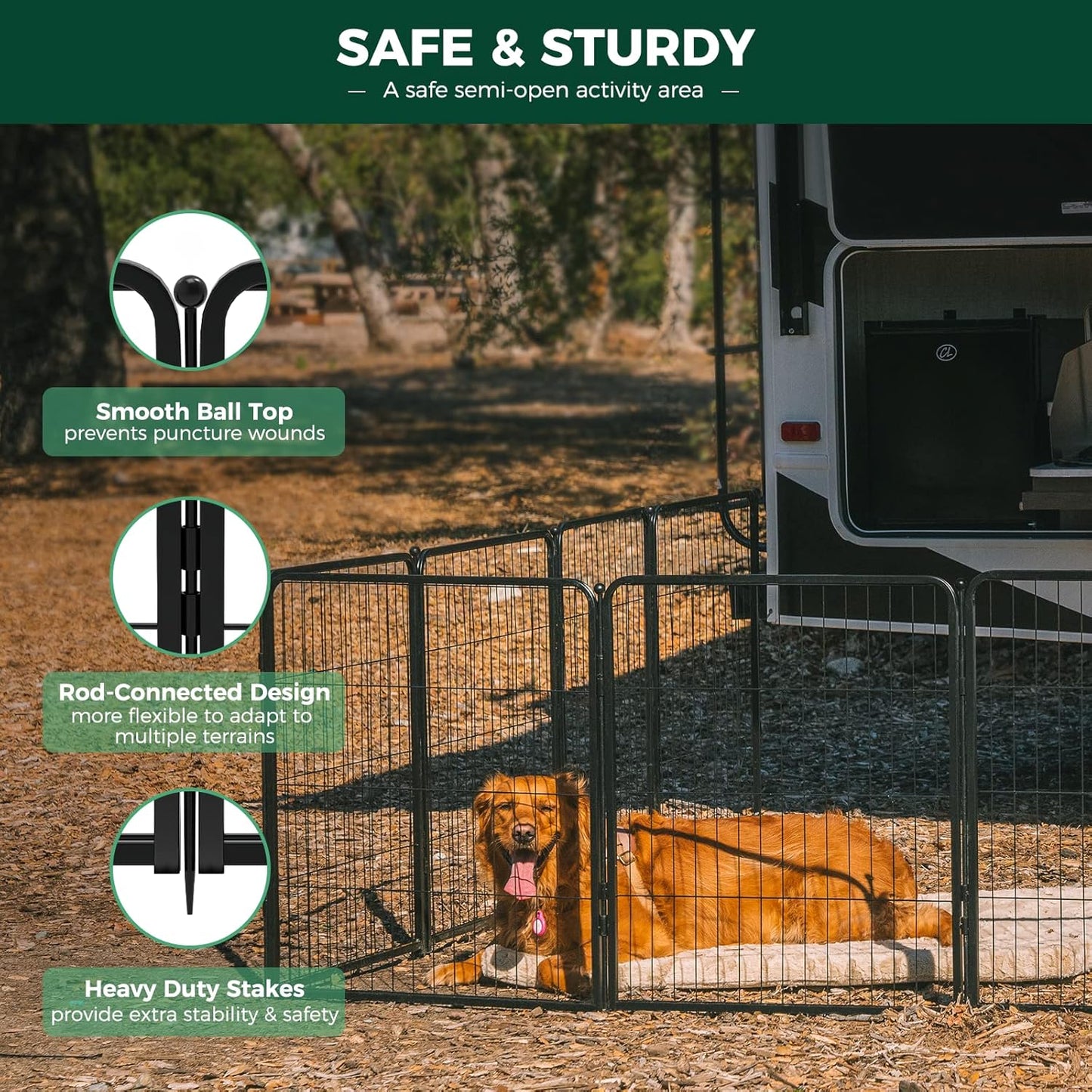 FXW Rollick Unleashed Dog Playpen for Indoor, Yard, RV Camping, 50 inch 8 Panels for Large Dogs, Black│Patented