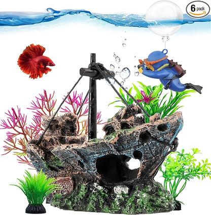 6 Pcs Aquarium Decor Set Shipwreck Decoration Little Diver Floating Fish Tank by Xereooe
