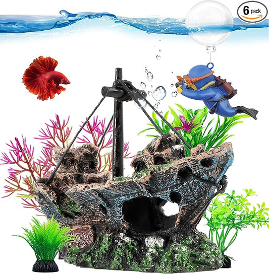 6 Pcs Aquarium Decor Set Shipwreck Decoration Little Diver Floating Fish Tank by Xereooe