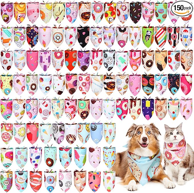Huhumy 150 Pcs Donut Dog Bandanas Bulk Pet Bibs Colorful Triangle Scarf Donut by Huhumy