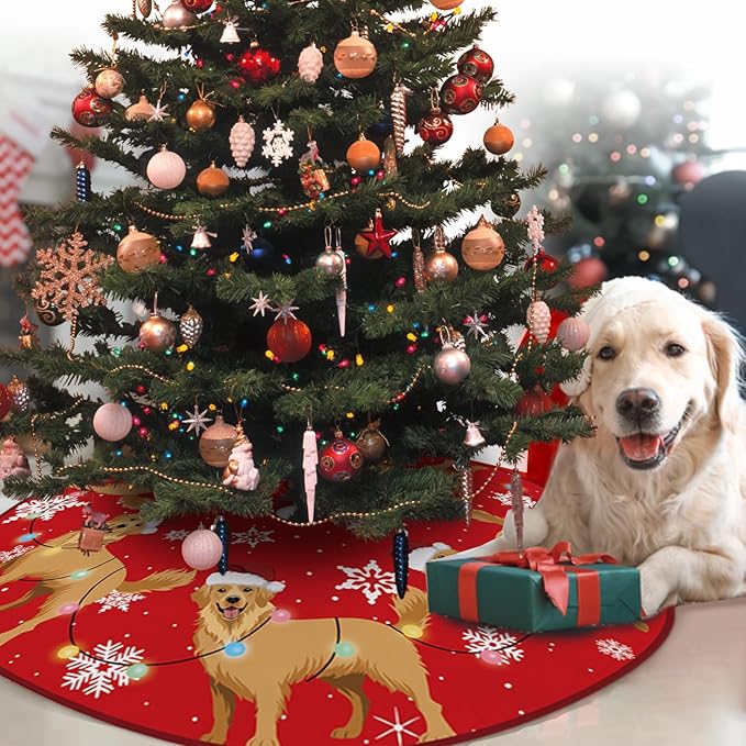 Golden Retriever Dog Red Christmas Tree Skirt, 48 Inches Lace-up Snowflake Xmas - Image 6