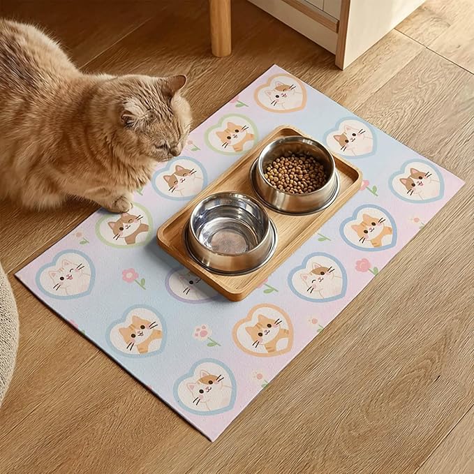 HOMETITUTE Cat Food Mat Pastel Heart Kitten Print, Non-Slip Elegant Pet Bowl - Image 2