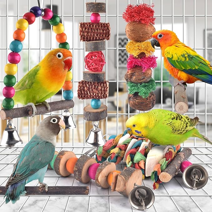 Bissap Bird Chew Toys, 7 Packs Parakeet Natural Wood Toys Parrot Hanging Cage - Image 2
