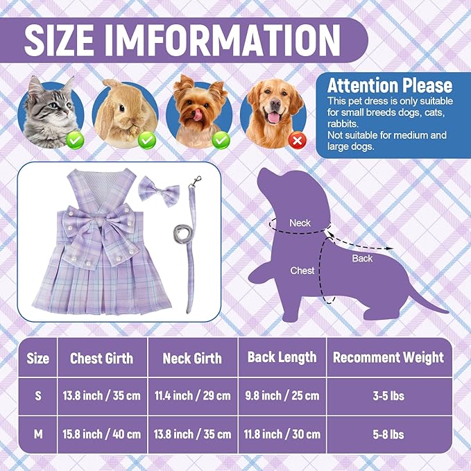 Cute Plaid Dog Dress Clothes for Small Dogs Cats Girl Purple Plaid Dog Dress - Image 2