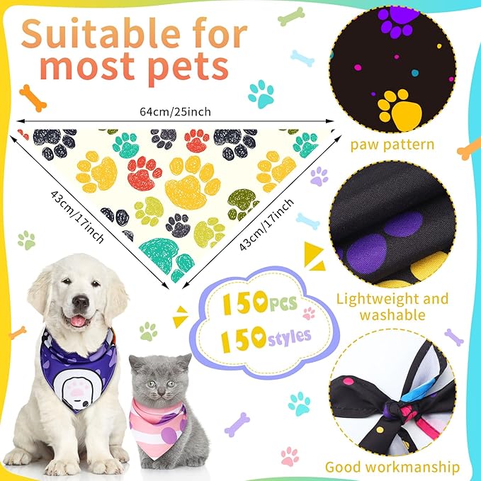 Huhumy 150 Pcs Paw Dog Bandanas Bulk Pet Bibs Colorful Triangle Scarf Pet Paw - Image 2