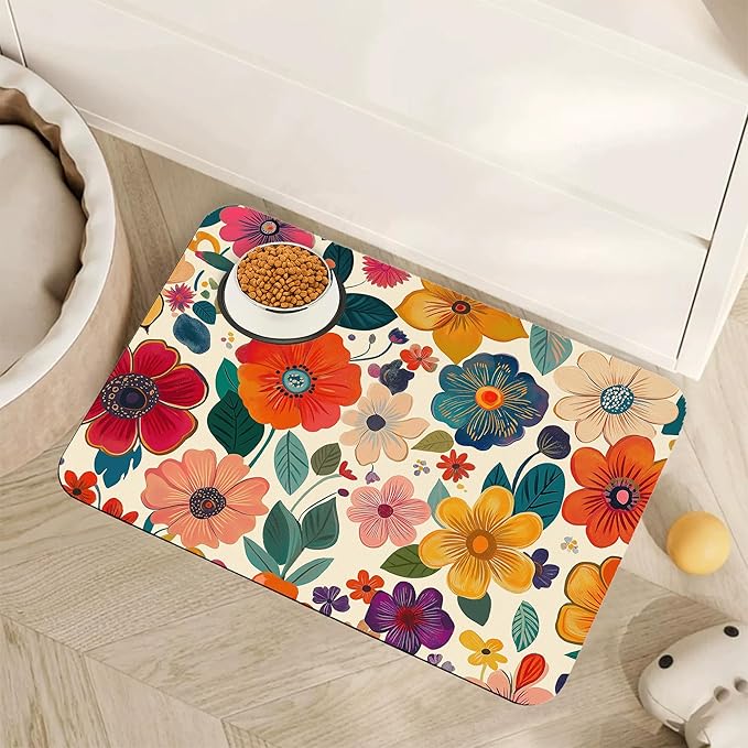 Floral White Dog Food Mat for Floors, Boho Absorbent Quick-Dry Pet Feeding Mat by Unknown