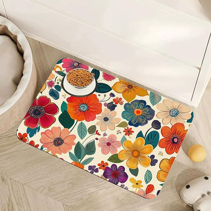 Floral White Dog Food Mat for Floors, Boho Absorbent Quick-Dry Pet Feeding Mat by Unknown