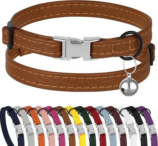 Leather Cat Collar with Buckle and Removable Bell by BUDKAS