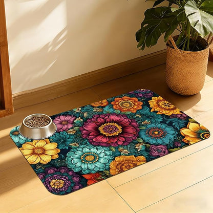 Vintage Floral Pet Feeding Mat, Fast-Dry Absorbent Dog and Cat Bowl Mat by QSOQSO