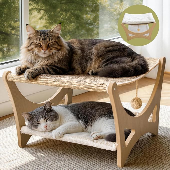 Double-Layer Cat Hammock Bed, Wooden Elevated Cat Beds by GreenPetopia