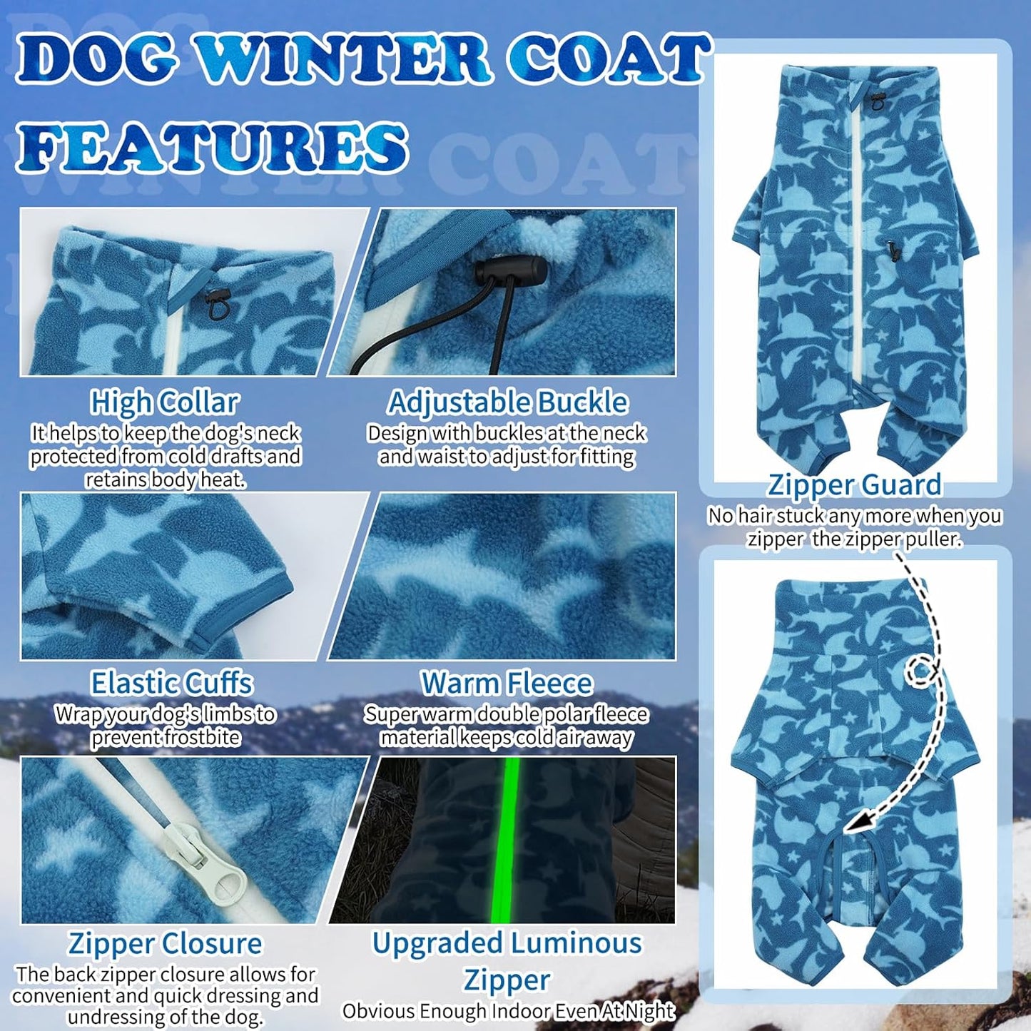 ROZKITCH Shark Dog Pajamas, Pet Windproof Warm Cold Weather Jacket Vest with Luminous Zipper, Jumpsuit Apparel Outfit Clothes for Small Medium Large Dog Shark M