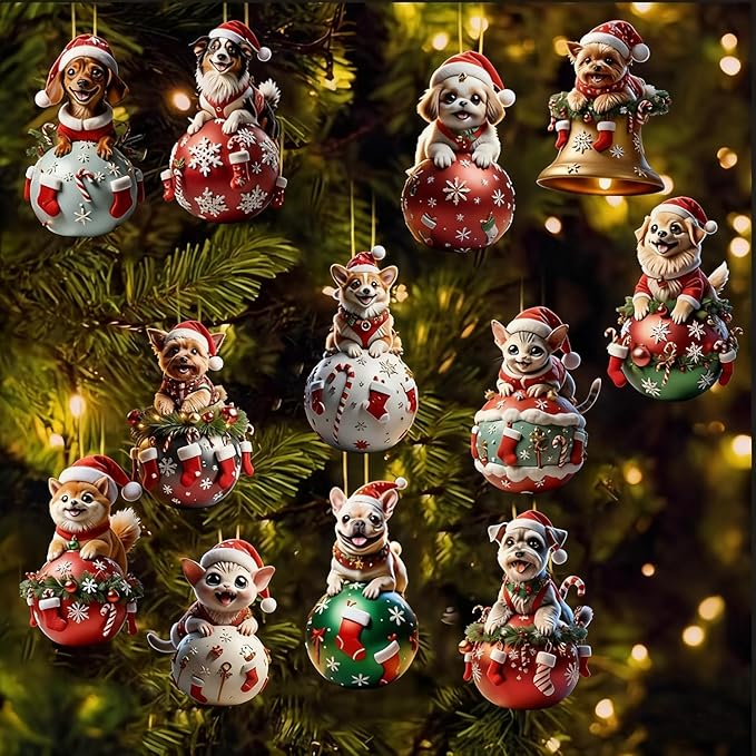 12 Pcs Cute Christmas Ornaments Animal Kitten Puppy Designs Xmas Tree Decoration by BHOOKA