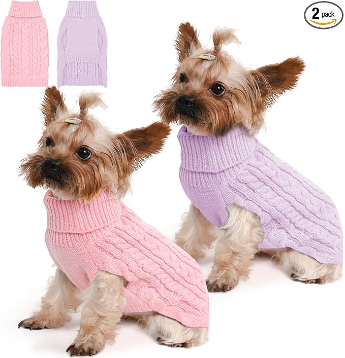 2 Pack Dog Sweaters for Small Dogs Winter Turtleneck Pullover Cable Knit Fleece by Unknown