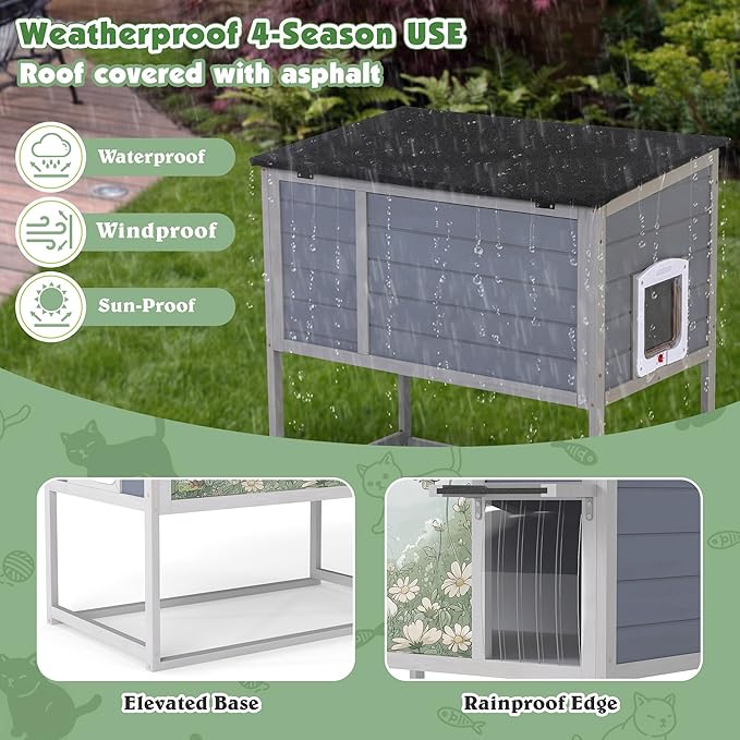 Outdoor Raised Wooden Cat House, Weatherproof Feral Cat Enclosure - Image 7