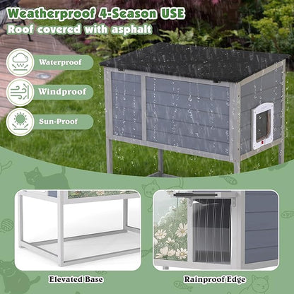 Outdoor Raised Wooden Cat House, Weatherproof Feral Cat Enclosure - Image 7