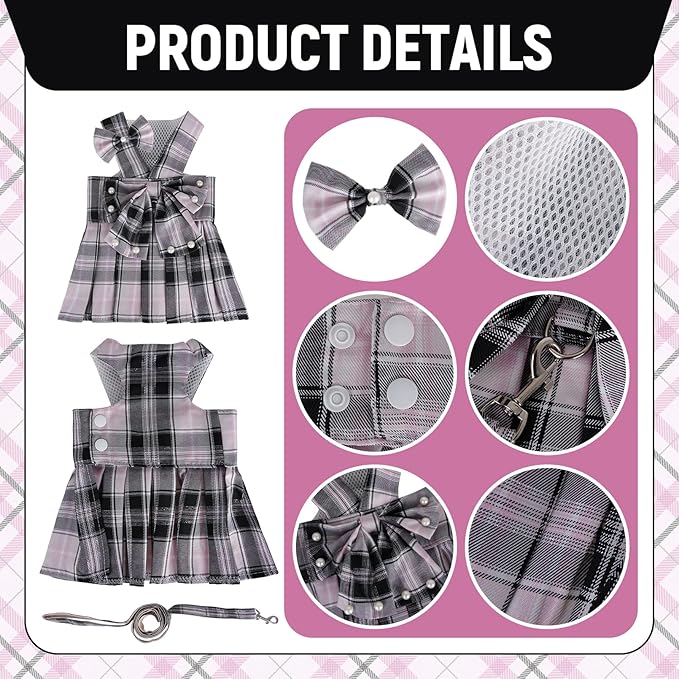 Cute Plaid Dog Dress Clothes for Small Dogs Cats Girl Black and Pink Plaid Dog - Image 4