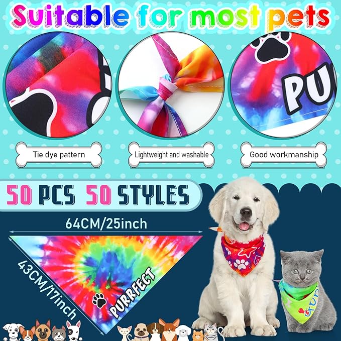 Huhumy 50 Pcs Tie Dye Dog Bandanas Bulk Pet Bibs Colorful Triangle Scarf Tie Dye - Image 2