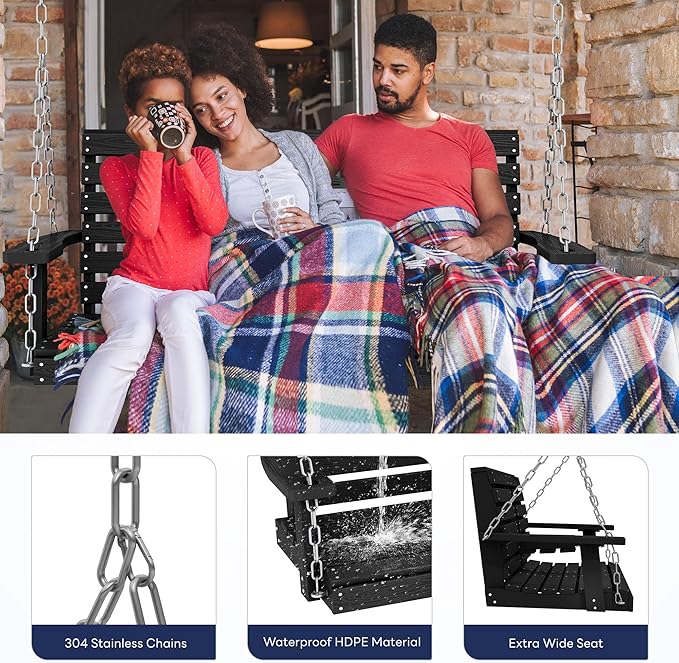 KINGYES Outdoor Hanging Porch Swing Set of 2, 2 Seat Patio Swing Recliner - Image 4