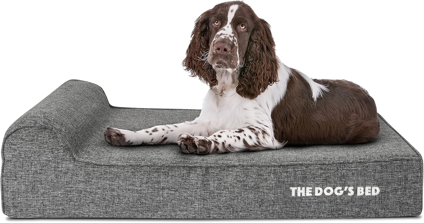 The Dog’s Bed Orthopedic Headrest Dog Bed, Large Grey Linen 40x25, Memory Foam, Pain Relief for Arthritis, Hip & Elbow Dysplasia, Post Surgery, Lameness, Veterinary Approved, Waterproof Washable Cover