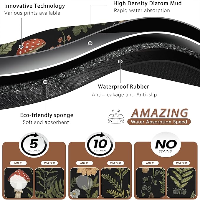 Red Mushroom Pet Feeding Mat, Fern Herb Butterfly Absorbent Quick-Dry Cat Dog - Image 3