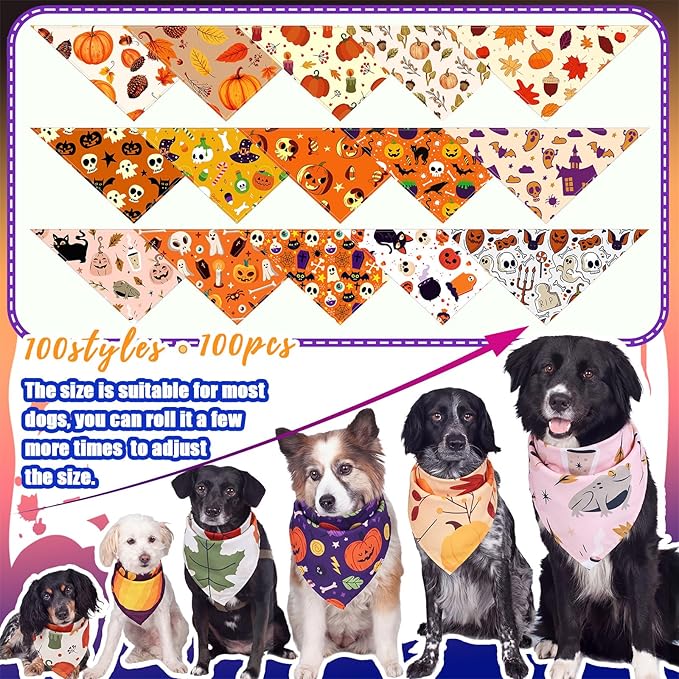 Huhumy 100 Pcs Halloween Dog Bandanas Bulk Pet Bibs Colorful Triangle Scarf Pet - Image 3
