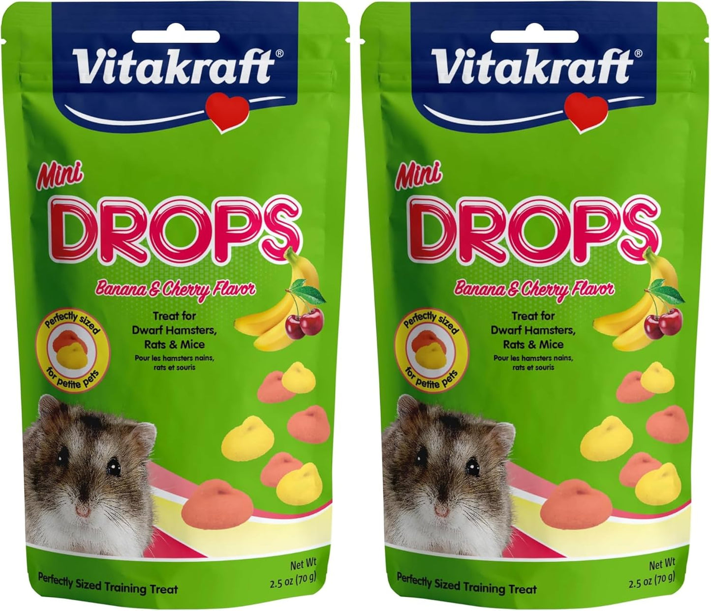 Vitakraft Drops Mini Banana and Cherry Flavor Dwarf Hamster Rat and Mouse Treat 2.5 oz (Pack of 2)