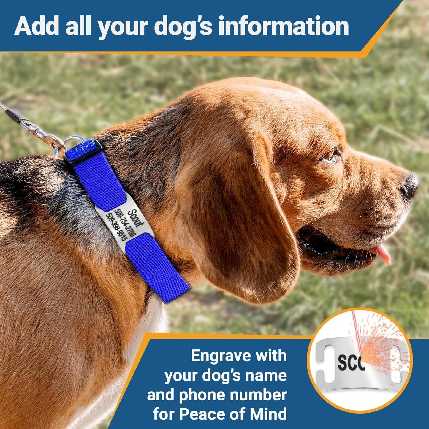 GoTags Reflective Personalized Dog Collar with Nameplate, Adjustable Dog Collar with Custom Engraved Steel Slide On Pet ID Tag, Silent, No Noise Dog Tag for Large Medium or Small (Beige, Large)