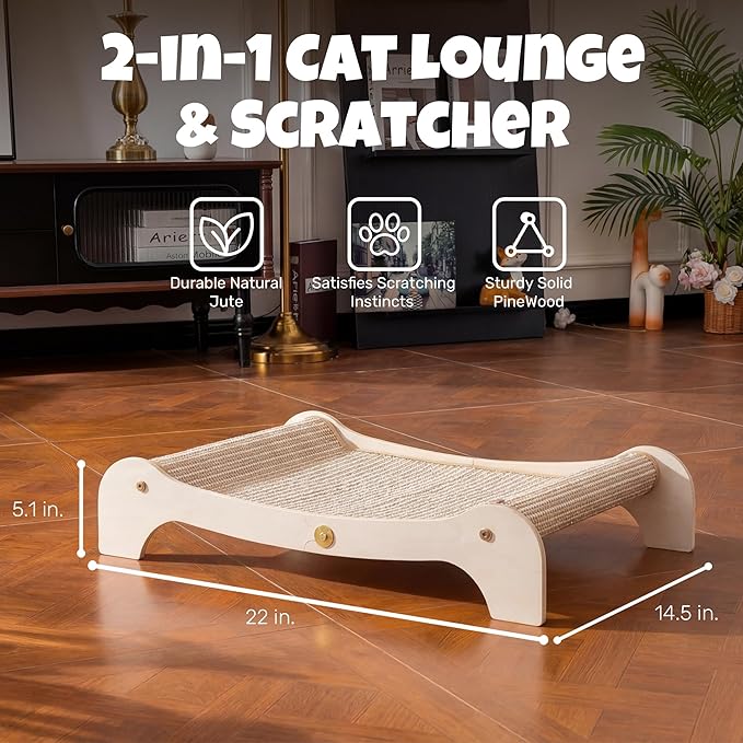 Cat Scratcher Bed for Indoor Cats, Large Wooden Hammock - Image 2