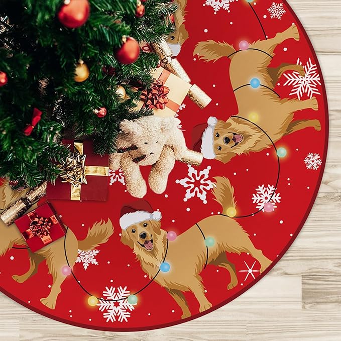 Golden Retriever Dog Red Christmas Tree Skirt, 48 Inches Lace-up Snowflake Xmas - Image 4