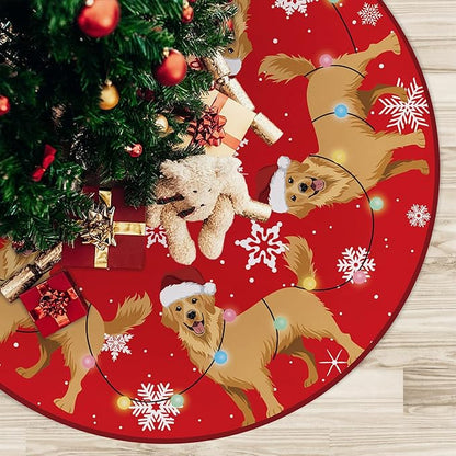 Golden Retriever Dog Red Christmas Tree Skirt, 48 Inches Lace-up Snowflake Xmas - Image 4