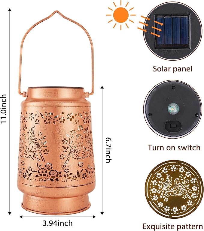 Solar Lanterns Outdoor Waterproof, Cardinal Bird Floral Design Hanging Solar - Image 2